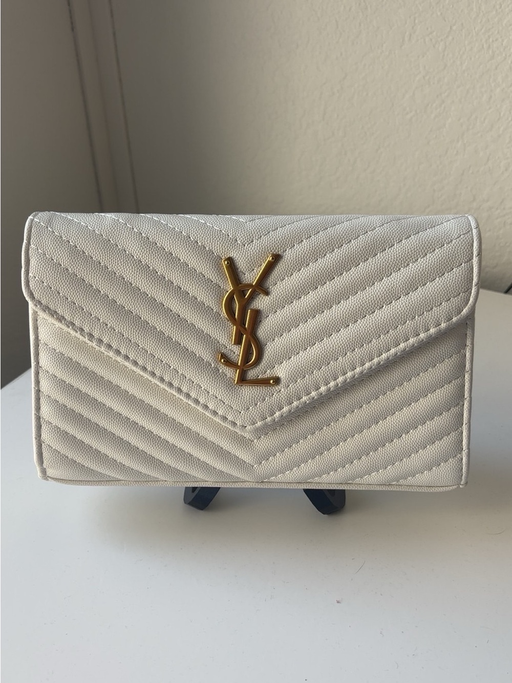 Saint Laurent White Quilted Mini Wallet with Gold YSL Logo